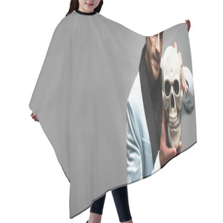 Personality  Blurred Man In Halloween Makeup Showing Spooky Skull Isolated On Grey, Banner Hair Cutting Cape