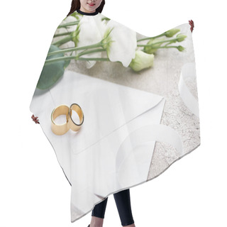 Personality  Golden Wedding Rings On White Envelope Near Eustoma Flowers And White Ribbon Hair Cutting Cape