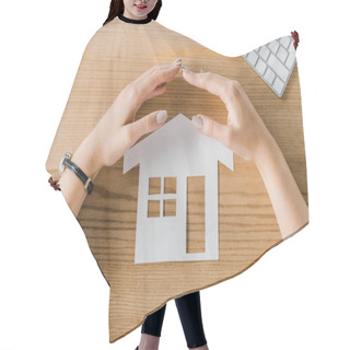 Personality  Partial View Of Businesswoman Covering House Paper Model On Wooden Tabletop With Hands, Insurance Concept Hair Cutting Cape