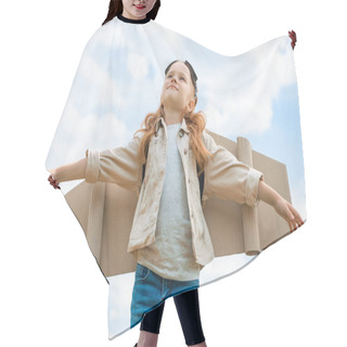 Personality  Low Angle View Of Child With Paper Plane Wings And Protective Eyeglasses With Outstretched Arms Against Blue Cloudy Sky Hair Cutting Cape