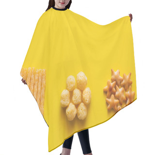 Personality  Top View Of Tasty French Fries, Cheese Pops And Bakes Star Shape Cookies On Yellow Hair Cutting Cape