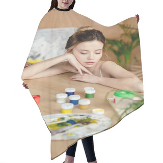 Personality  Beautiful Tender Young Artist Leaning At Table With Paints And Palette Hair Cutting Cape