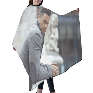 Personality  Portrait Of Handsome Man In Gray Stylish Jacket  Hair Cutting Cape