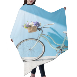 Personality  Bicycle With Beautiful Flowers In Basket In Front Of Blue Wall Hair Cutting Cape