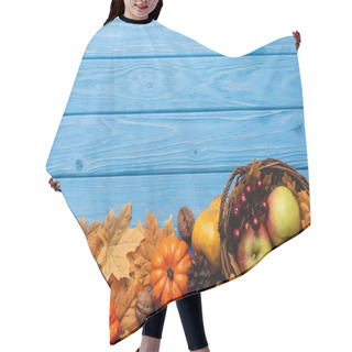 Personality  Top View Of Autumnal Harvest In Basket And Foliage On Blue Wooden Background Hair Cutting Cape