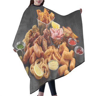 Personality  Set Of Savory Beer Snacks On Black Wooden Table With Condiments Hair Cutting Cape