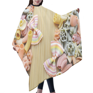 Personality  Set Of Different Kinds Of Colorful Italian Pasta On Wooden Table Hair Cutting Cape