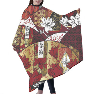 Personality  Seamless Pattern With Asian Fans And Magnolias. Decorative Hair Cutting Cape