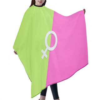 Personality  Woman Gender Symbol On Green Pink Background. Top View. Minimalism. Gender Equality Hair Cutting Cape