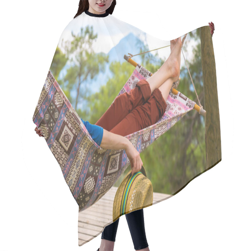 Personality  Person Relaxing In Hummock Holding Travel Hat Hair Cutting Cape