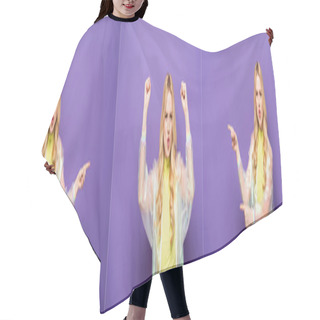 Personality  Collage Of Emotional Blonde Young Woman In Colorful Outfit Pointing With Fingers On Purple Background, Banner Hair Cutting Cape