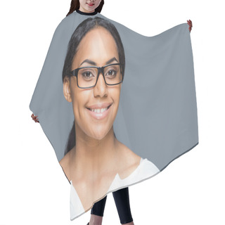 Personality  African Woman Adjusting In Eyeglasses Hair Cutting Cape