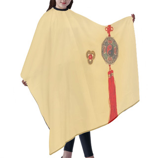 Personality  Top View Of Chinese Yin And Yang Talisman With Coins On Yellow Hair Cutting Cape