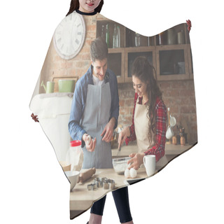 Personality  Happy Young Couple Baking In Loft Kitchen Hair Cutting Cape