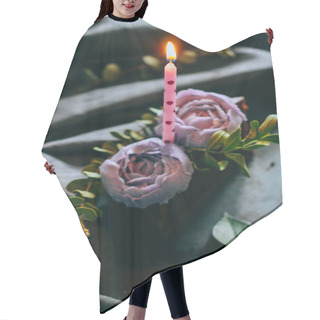 Personality  Piece Of Birthday Chocolate Cake With Purple Cream Roses And Candle Hair Cutting Cape