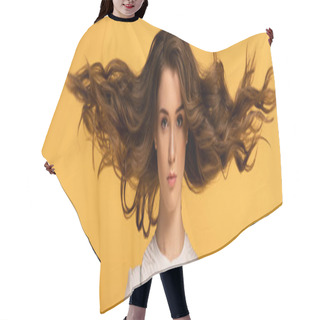 Personality  Panoramic Shot Of Beautiful Confident Spring Woman With Long Hair Isolated On Yellow Hair Cutting Cape