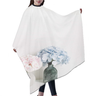 Personality  Pink And Blue Pastel Hydrangea Flower Bouquets On White Background. Minimal Interior Design Concept. Hair Cutting Cape