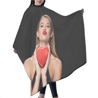 Personality  Young Woman With Heart-shaped Box Blowing Air Kiss Isolated On Black Hair Cutting Cape