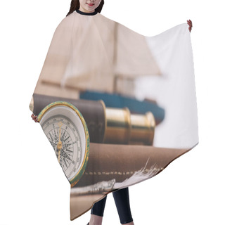 Personality  Compass Near Leather Copy Book And Telescope  Hair Cutting Cape