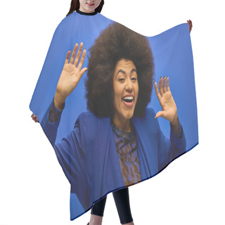Personality  Stylish African American Woman With Curly Hairdomaking A Funny Face On Vibrant Backdrop. Hair Cutting Cape