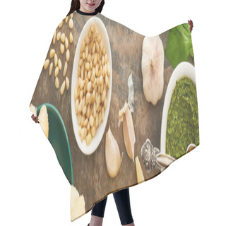 Personality  Top View Of Baguette Slices With Pesto Sauce On Plate Near Fresh Ingredients And Cooking Utensils On Stone Surface, Panoramic Shot Hair Cutting Cape