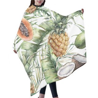 Personality  Watercolor Food Pattern With Ripe Pineapples, Coconuts And Passion Fruits. Hand Painted Tropical Leaves Isolated On White Background. Botanical Illustration For Design, Print, Fabric Or Background. Hair Cutting Cape