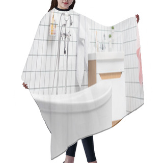 Personality  White Bathtub In Modern Bathroom With Towels And Toiletries, Banner  Hair Cutting Cape