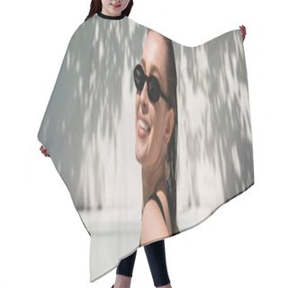 Personality  Cheerful Young Woman With Wet Hair And Stylish Sunglasses Sunbathing Outside, Banner Hair Cutting Cape