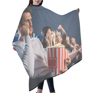 Personality  Bored Multiethnic Friends With Popcorn Watching Film Together In Movie Theater Hair Cutting Cape
