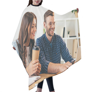 Personality  Smiling Business Colleagues Taking Part In Webinar At Tabletop With Papers And Laptop In Office Hair Cutting Cape