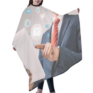 Personality  Cropped View Of Businessman Using Digital Tablet With Marketing Strategy Icons Hair Cutting Cape