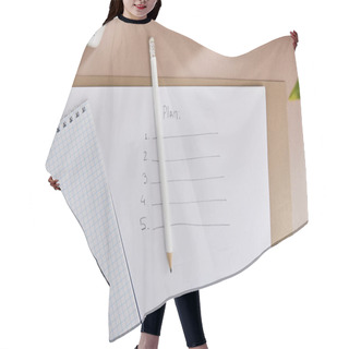 Personality  Top View Of Green Plants, Envelope, Blank Notebook, Pencils And Paper With Plan Lettering On Beige Surface Hair Cutting Cape