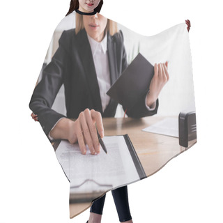 Personality  Partial View Of Notary With Notebook Holding Pen Near Clipboard With Contract Hair Cutting Cape