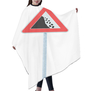 Personality  Falling Rocks Risk Caution Road Sign On Pole Post, Large Detailed Isolated Vertical Roadside Stones Traffic Warning Signage Macro Closeup, Rock Slide Fall Danger Possible Ahead, Red Frame Triangle Signpost Detail Hair Cutting Cape