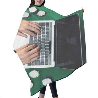 Personality  Top View Of Man Typing On Laptop With Blank Screen  Hair Cutting Cape