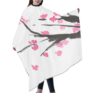 Personality  Japanese Painting With Sakura Branches With Flowers On White Background Hair Cutting Cape
