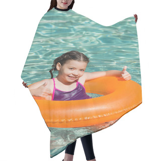Personality  Joyful Kid Showing Thumbs Up While Swimming In Pool On Inflatable Ring Hair Cutting Cape