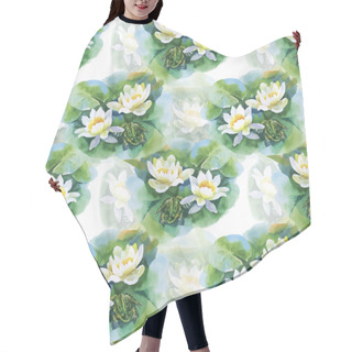 Personality  Watercolor White Water-lilly Flowers Seamless Pattern With Frog On Pond Hair Cutting Cape