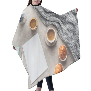 Personality  Top View Of Cup Of Coffee With Muffins, Blank Paper And Smartphone With Soundcloud App On Screen On Concrete Surface With Knitted Wool Drapery Hair Cutting Cape