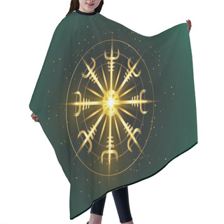 Personality  Helm Of Awe, Icelandic Magical Stave, Gold Round Vegvisir Runic Compass. Viking Symbols For The Purpose Of Protection From Disease. Old Sacred Norse Golden Fire Sign Vector Isolated On Dark Green Hair Cutting Cape