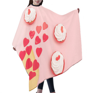 Personality  Top View Of Red Hearts, Envelope And Cupcakes On Pink Hair Cutting Cape