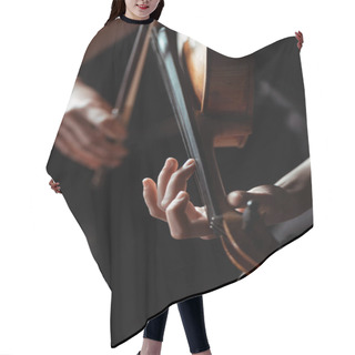 Personality  Cropped View Of Female Musician Playing On Violin On Dark Stage Hair Cutting Cape