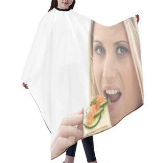 Personality  Young Woman Eating Smoked Salmon On A Cracker With Cheese Hair Cutting Cape
