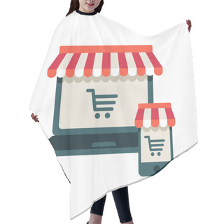 Personality  On Line Store. Sale, Laptop And Smart Phone With Awning Hair Cutting Cape