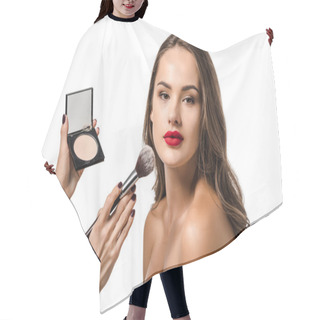 Personality  Cropped View Of Woman Applying Powder With Cosmetic Brush On Face Of Beautiful Model Looking At Camera Isolated On White Hair Cutting Cape