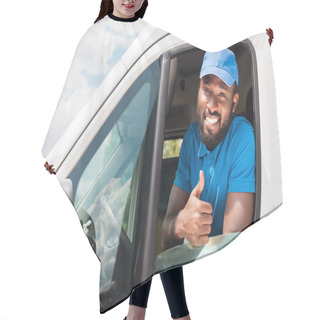 Personality  Smiling African American Delivery Man Showing Thumb Up From Car Hair Cutting Cape