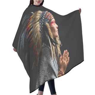Personality  Side View Portrait In Native American Style, Beautiful Woman In Indian Hat Hair Cutting Cape
