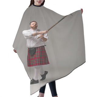 Personality  Scottish Redhead Man In Red Kilt Raising Battle Axe On Grey Background Hair Cutting Cape