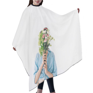 Personality  Woman Covering Face With Flowers Hair Cutting Cape