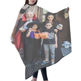 Personality  Spooky Family In Halloween Costumes Grimacing On Porch With Decoration Hair Cutting Cape